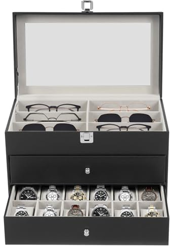 SABUIDDS Brillenbox PU-Leder, Brillenorganizer Brillenaufbewahrung/Präsentation Aufbewahrung Sonnenbrillen für Damen Herren Tragbar Brillenetui Brillenkiste (Brillenbox für 12 Brillen & 12 Uhren)