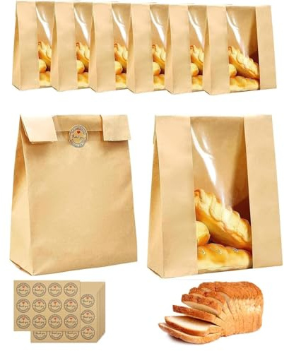 50 Pack Kraft Paper Bread Bags 35cm×21cm×9cm Brown Includes 60 Thank You Stickers