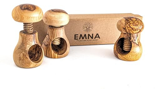 EMNA Juego de 3 cascanueces de madera de olivo, regalo de madera de olivo, hecho a mano en forma de seta (aprox. 10 cm) con rosca de tornillo, seguro, duradero, decorativo, caja de regalo de Navidad