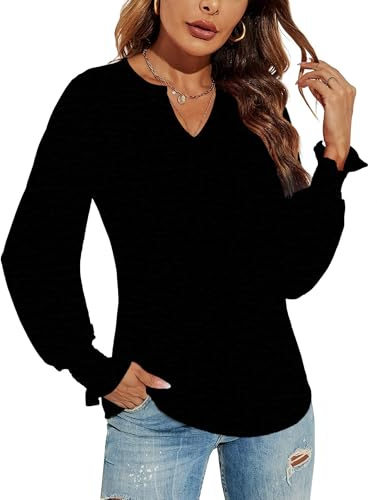 DUOEASE Top Mujer Básica Mangas Acampanadas Camisas Mujer Manga Larga Cuello V Color Sólido Básica Negro M