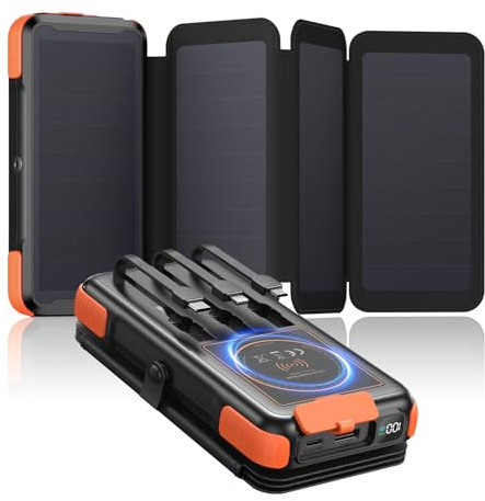 Fandealo-Caricabatterie-Solare-25000mAh-Wireless-Power-Bank - 20W Batteria Esterna senza Fili con 3 Cavi e 4 Pannelli Solari - PD QC 3.0 USB C Ricarica Rapida Power Bank per Campeggio