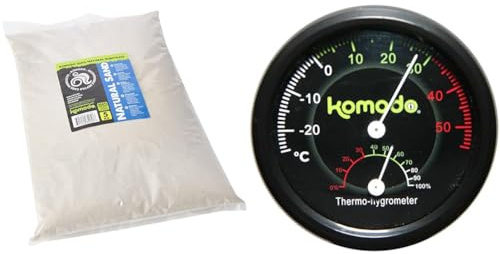 Komodo Reptile Care Bundle – Natural Sand Substrate + Combined Thermometer & Hygrometer, Analog Black, Safe Bedding & Accurate Habitat Monitoring