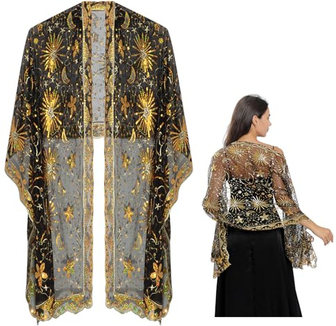 lafo Schwarzes Gold Glitzer Cape Stola Damen mit Sternen und Mond Festlicher Umhang Bolero für Abendkleider, Hochzeiten，Weihnachtsfeiern,Indischer Stil, Pailletten Design（Schwarzes Gold）