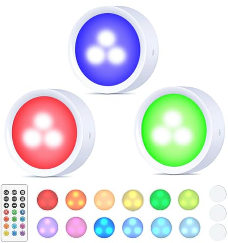 LED Puck Lights 3er Set – Kabellose Schrankbeleuchtung mit Fernbedienung, RGBW 13 Farben dimmbar, magnetisch – Vitrinenbeleuchtung led kabellos für Unterbau & Vitrine