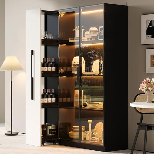 Luscriate LED Glasvitrine Eckschrank 110,5×35×160 cm – Schwarze Vitrine, Multifunktionsschrank, Staubgeschützter Vitrinenschrank für Wohnzimmer & Büro (Black, 110,5x35x160cm)