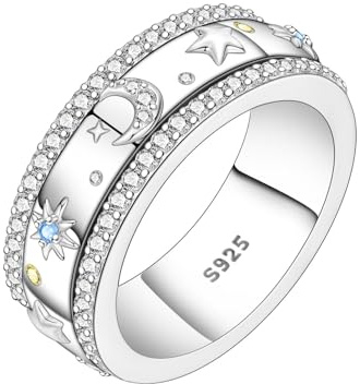 SOUTHPLUS Anti Angst Spinner Ring Leuchtend Sternenhimmel Ring Silber 925 Damen Zirkonia Daumenring Fingerring Damenring für Damen Herren mit Geschenkbox 57.5(18.1)