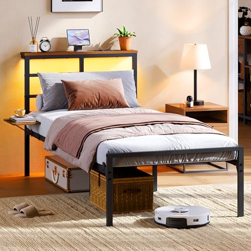Yaheetech Cadre de Lit 90 × 190 cm avec Sommier Métal | Lit 1 Personne avec Éclairage LED et Station de Charge (2 AC, 2 USB), Lit Simple avec Étagère de Rangement, Capacité 200 kg