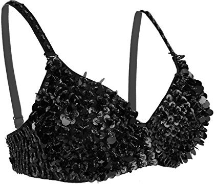 TiaoBug Damen Bügel BH glänzend Pailletten Party Top Bustier mit Glitzer Bra Bauchtanz Kostüm sexy Oberteil Clubwear Gogo Tanz Rave Outfits in 6 Farben Schwarz 38A-38B-38C