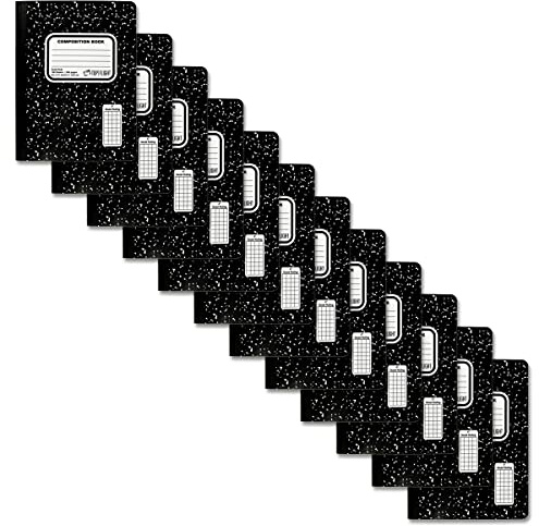 Top Flight Sewn Marble Composition Book, Black/White, Quad Rule, 4 Squares per Inch, 9.75 x 7.5 Inches, 100 Sheets, Pack of 12 (4511928)