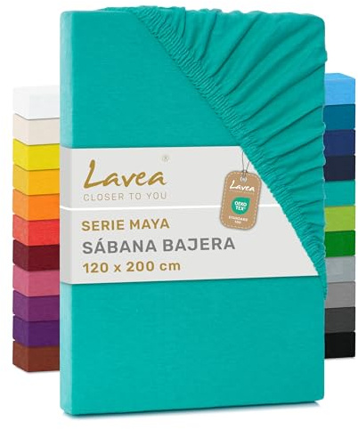 Lavea® Spannbettlaken 120x200cm - Türkis | Maya, 100% Jersey Baumwolle – Weiches Spannbetttuch mit Rundumgummi, atmungsaktives Bettlaken für Matratzen bis 20 cm