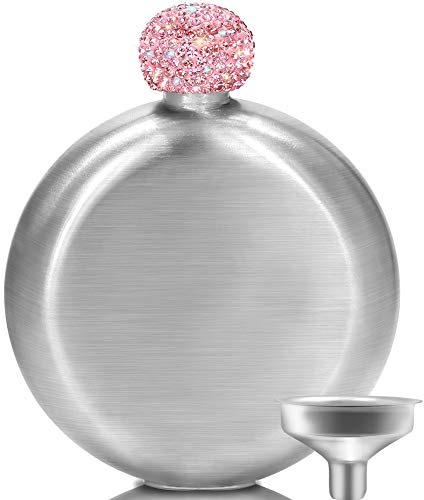 Ohok Edelstahl Flachmann und Trichter Set für Frauen, Taschenkolben Alkoholflasche mit Bling Strasssteinen Kristallschraubdeckel Geschenkidee, 5 oz. 150ml Geeignet Zum Tragen von Alkohol (Rosa)