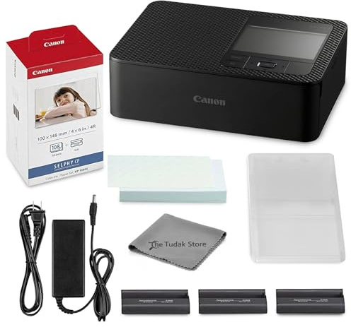 Canon Selphy CP1500 Photo Printer Bundle (Black) with KP-108 Paper (108 Sheets) 3 Color Ink Cartridges & Tudak Cleaning Cloth – Wireless Compact Dye-Sub Printer Kit