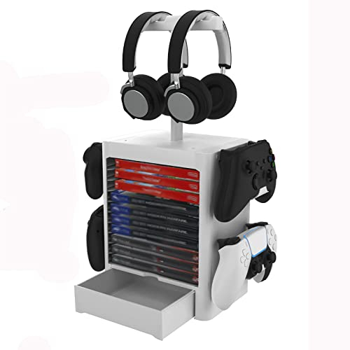 HUAYUWA Spielspeicher-Turm (Hellgrau), passend für PlayStation 5, Controller, multifunktionales Headset, Kartusche, Disc, Lagerregal, kompatibel mit PS5/PS4/Xbox One/Nintendo Switch