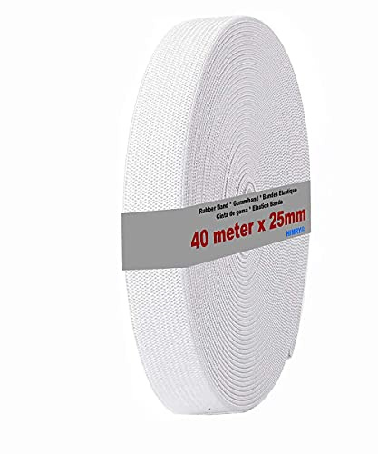 HIMRY Banda elástica de 40 m x 25 mm de ancho, banda elástica de goma para la colada, goma elástica fuerte, cinta elástica plana para costura, manualidades, manualidades, punto, blanco, KXB5006 blanco