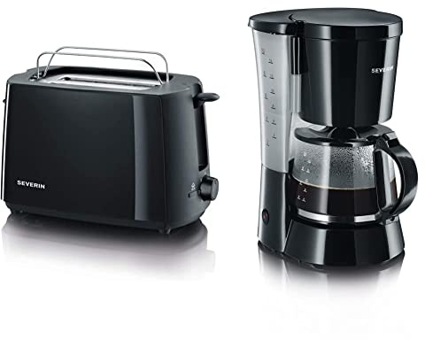 SEVERIN Kaffeemaschine, Für gemahlenen Filterkaffee, 10 Tassen, Inkl. Glaskanne, KA 4479, Schwarz & 2287-000 Automatik-Toaster, Inkl. Brötchen-Röstaufsatz, 2 Röstkammern, 700 W, AT 2287, Schwarz