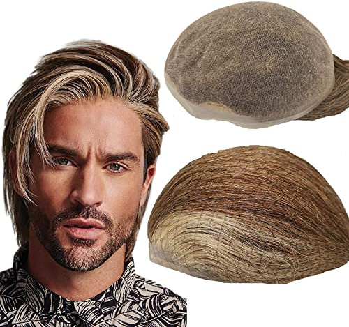 N.L.W. Echthaar Toupet für Männer, Vollspitzen Haarsystem für Männer Europäische Herren Toupet Echthaar 10 x 8 (blonde)