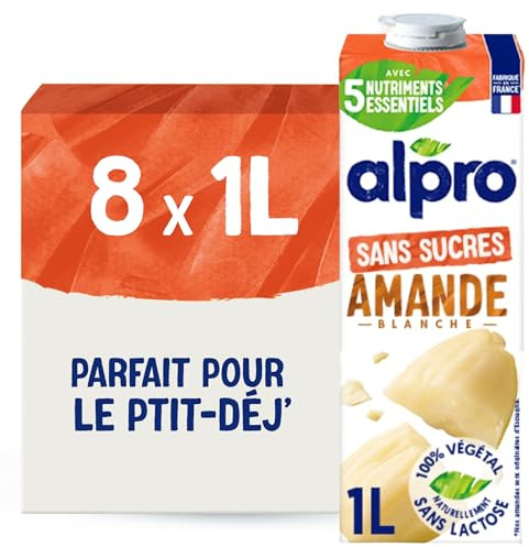 Alpro Mandel-Drink Ohne Zucker, Ungeröstet, Pflanzlicher Drink, Vegan, Laktosefrei, Glutenfrei, UHT, 8x1L