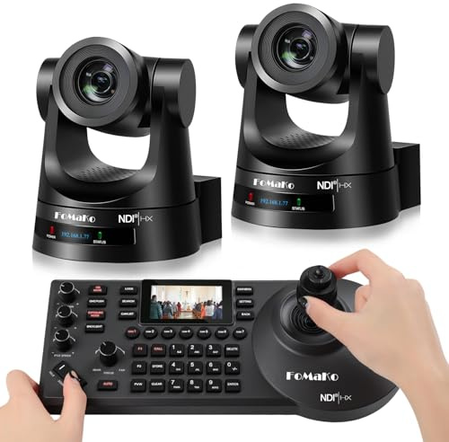 FoMaKo NDI PTZ Camera (NDI 6 & NDI HX3 Certified), AI Auto-Tracking Gen 3, 20X Optical Zoom PoE HDMI PTZ Camera for Church Worship, NDI PTZ Controller, (NDI PTZ Bundle KN20Ax2+KC608) BN202