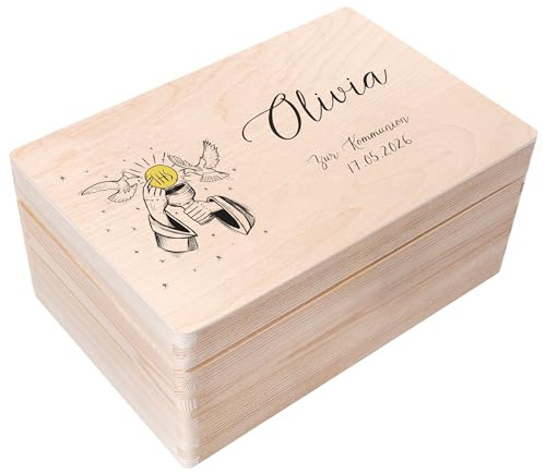 Creative DECO Caja Regalo Personalizada Primera Comunión para Niños y Niñas | Caja de Memoria de Madera | Personalizado - Cáliz y Paloma | Impreso | Personalizadas para Niño y Niña | Personalizados