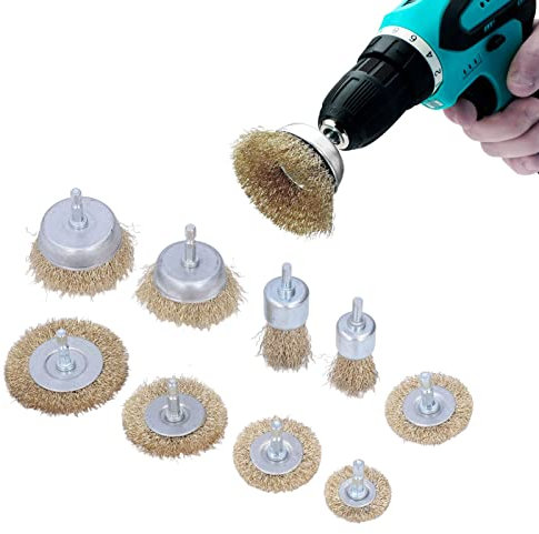 9 pcs perceuse brosse métallique, fil perceuse brosse outil roue fin tasse 1/10,2 cm tige hexagonale kit d'accessoires pour bois métal