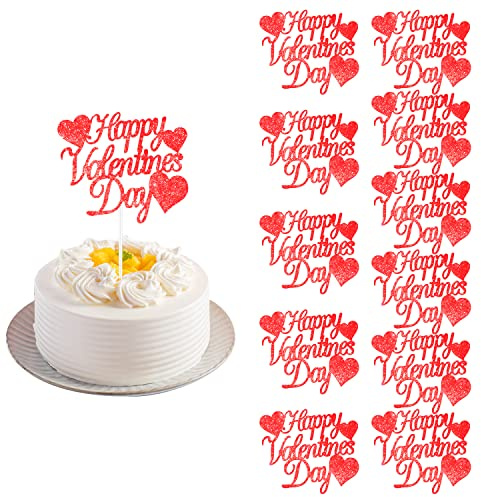 12 Stück Happy Valentines Day Torte Topper, Rote Glitter-Tortenaufleger Party Dekorationen für Valentinstag Hochzeit Verlobungsparty