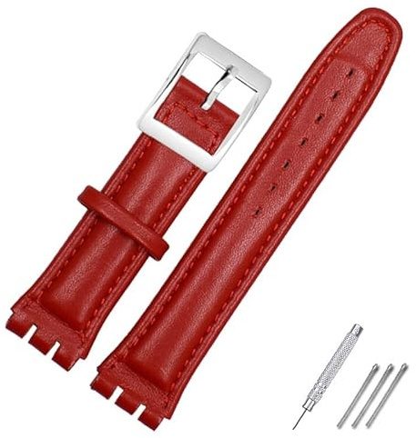 SHENGANG Bracelet en cuir véritable for swatch Bracelet Bande de montre simple 17mm 19mm Dragonne rouge Bracelets Femmes homme montre ceinture accessoires (Color : Red silver, Size : 17mm)