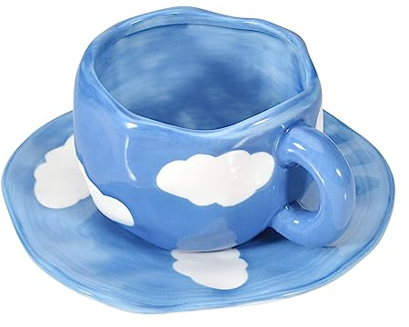 Koythin Taza de cerámica de 283.5 g con platillo, taza de café con leche de nube blanca y cielo azul oscuro