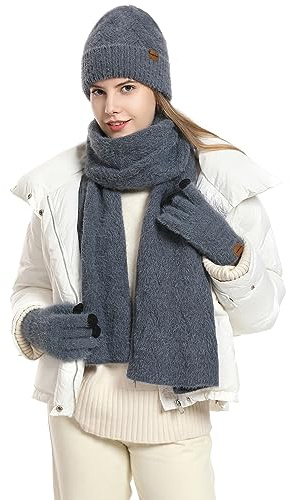 CAMLAKEE Wintermütze Schal Handschuhe Set Damen Strickmütze Handschuh Nackenwärmer Frauen Strickset