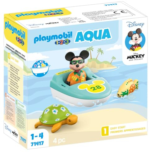 Playmobil 71417 1.2.3 & Disney : Mickey avec Bateau - Jouets de Bain avec Le Personnage de Mickey Mouse, Un Bateau, Un Poisson et Une Tortue - pour Les Tout-Petits 18-36 Mois