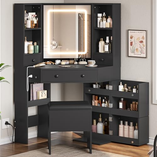 BTHFST Corner Vanity Desk with Lighted Mirror, Makeup Vanity with Lights and Charging Station, Vanity Set with Mirror and Storage Stool, Makeup Table with Drawers, Rotating Shelves, Black