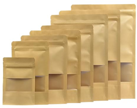 Sacchetti di Carta Kraft con Finestra e Chiusura, Buste per Alimenti, Marrone 10x15cm, 100 Pezzi
