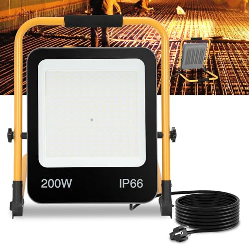 Joparri LED Baustrahler Arbeitsleuchte, 200W Baustellen Strahler inkl. Faltbarer Standgestell und 3M Netzkabel, Baulampe 18000LM, 6000K Kaltweiß IP66 Wasserdicht für Innen Außen (mit Stecker)