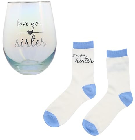 Pavilion Gift Company - Love You Sister - 18oz Stemless Wine Glass and Ultra Soft Crew Socks for Women, Stemless Wine Glass Gift Set with Wine Socks, Unique Wine Glass For Sister, Birthday Party