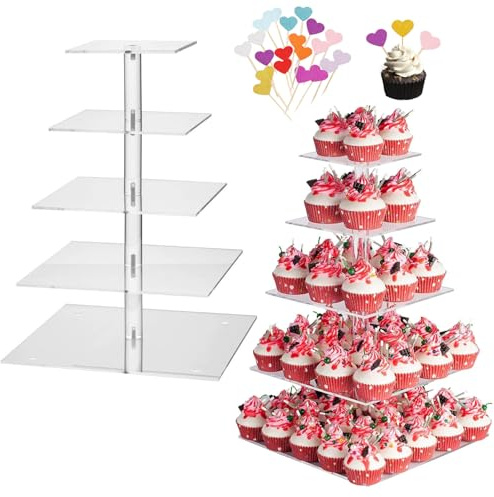 Grand présentoir à cupcakes en acrylique à 5 étages avec 20 prises à gâteaux, présentoir à dessert en verre transparent, tour à cupcakes en acrylique pour mariage, anniversaire, bar fêtes (carré)