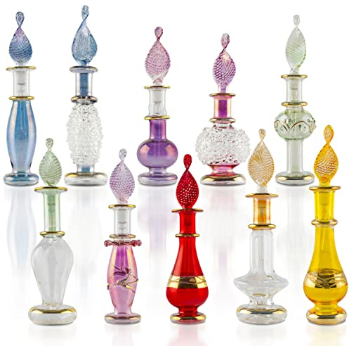 CraftsOfEgypt Genie - Botellas de perfume en miniatura de vidrio soplado para perfumes y aceites esenciales, juego de 5 frascos decorativos, cada uno de 5 cm de alto, varios colores