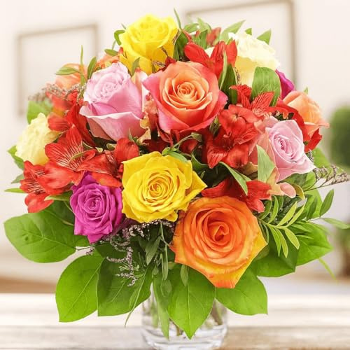 Bunter Blumenstrauß Farbexplosion # Geburtstag, Freundschaft, Überraschung | Mit 12 bunt gemischten Rosen, Inkalilien (Alstromerien) und Statice, inklusive Grußkarte