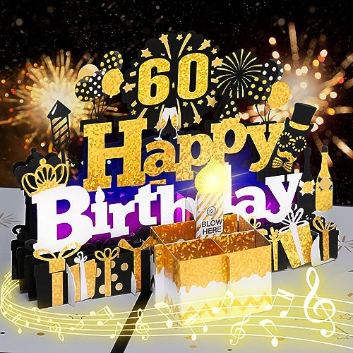 Geburtstagskarte zum 60., musikalische Geburtstagskarte mit ausblasbarer Kerze, „Happy Birthday“-Lied, Kuchen-Pop-up-Grußkarte für Frauen, Männer, Kinder, Ehemann, Ehefrau, Mama, Papa, Tochter