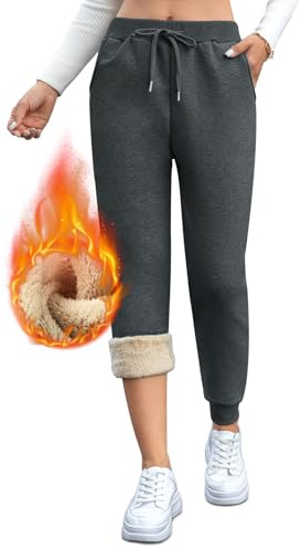 Vorvowry Fleecefodrade joggingbyxor för kvinnor, fluffiga sherpa-byxor, varma termiska träningsbyxor, vinter, tjocka träningsoverall, byxor, dragsko fickor för damer, löpning, fitness, Legging