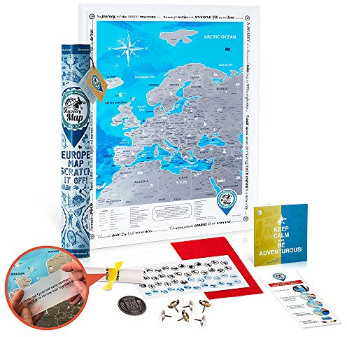 DMap factory™ Europakarta för skrapning – 68 x 48 cm – länder, städer, floder och berg – med tillbehör och presentrör – Scratch-off Map Europe – skrapkort – gåva för resenärer
