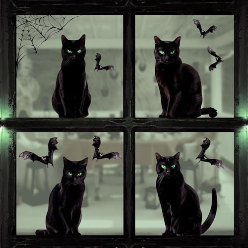 ALEGRE Halloween Fensteraufkleber, 6 Blätte Fledermaus Katze Halloween Fensterdeko, Halloweene Deko Fenster Sticker, Wasserdichtes Halloweene Sticker, Horror Deko Fensteraufkleber Hallowee Dekoration