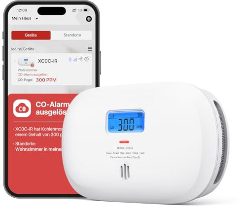 X-Sense Smart Carbon Monoxide Detector, Silence via App, CO Alarm with LCD Digital Display, Carbon Monoxide Alarm with Replaceable Battery, Compatible with X-Sense Home Security App, XC0C-iR