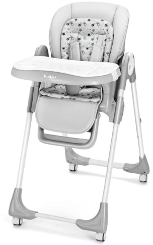 Babilous Foldable High Chair with Soft Cushion, High Chairs for Babies and Toddlers, Height Adjustable Feeding Chair, Adjustable Backrest and Footrest, Lockable Wheels, Star Gray
