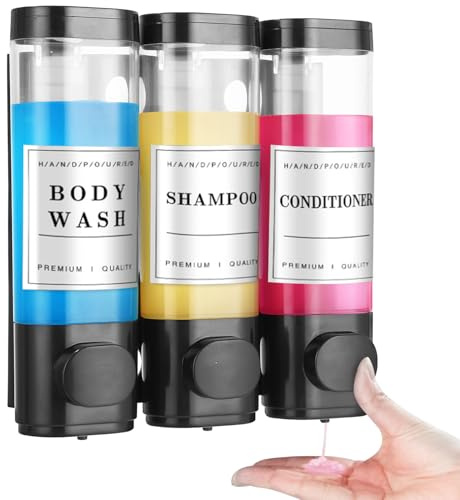 Zaxiva Seifenspender Wandbefestigung, Shampoo Duschgel Spender, 3 Kammern Dusche Seifenspender, Ohne Bohren, Große Kapazität, für Shampoo, Duschgel, Flüssigseife, Spülung, 300ML*3(Schwarz)