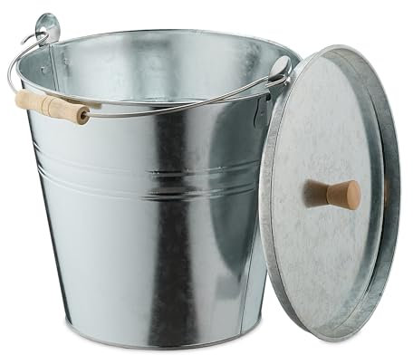 Relaxdays Secchio Raccogli Cenere con Coperchio, Cestello 12,5 L, Carbone e Bricchetti Camino e Stufa, Acciaio, Argento, Legno