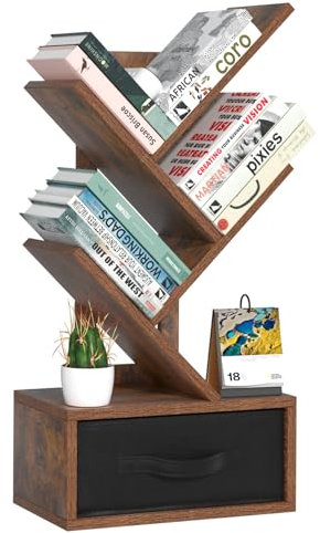 LELELINKY Bücherregal Baumform mit Schublade, Bücherregale Holz Klein, 4 Ebenen Standregal Das auf Tischplatte Platziert Werden Kann, DVD Bücher Regal Vintage für Wohnzimmer, Schlafzimmer und Heimbüro