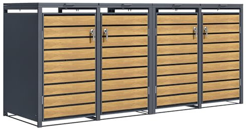 Phoenix GB4426AWK Quad Wheelie Bin Store, Wood Effect & Anthracite, Lockable Outdoor Bin Storage, Weatherproof, Soft Close Lid with Gas Springs, Durable Construction, Size: 80D x 264W x 116H cm