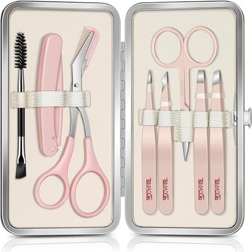 TsMADDTs Tweezers for Women Facial Hair, 8 in 1 Eyebrow Kit with Tweezers, Eyebrow Trimmer Scissors, Razor, Brush with Travel Bag, Hair Plucking Daily Beauty Tools