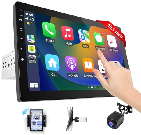 Haudio Autoradio 1 DIN Bluetooth con CarPlay & Android Auto,10.1 pollici girevole Touchscreen Lettore,con fotocamera di backup 1080P,Mirror Link,Bluetooth,AUX,FM/AM Radio