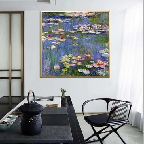 GOSRD Modernes Kunstwerk von Claude Monet, Seerosen-Blumengemälde auf Leinwand, Landschaftsgemälde für Zuhause, Bilder zur Wanddekoration, 70 x 70 cm, rahmenlos