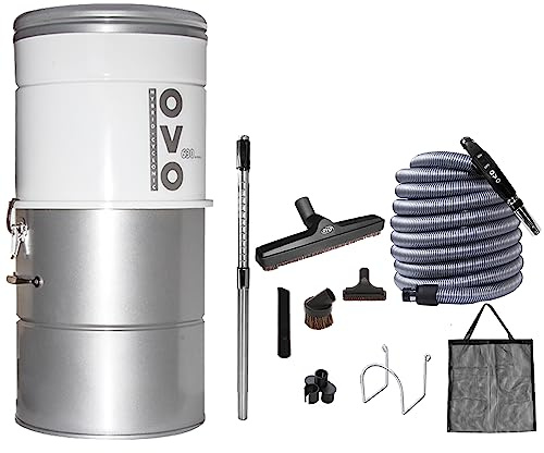 OVO Large and Powerful Central Vacuum System, Hybrid Filtration (with or Without Disposable Bags), 25L or 6.6 Gal, 630 Airwatts + 30 ft Premium Deluxe Accessory Kit